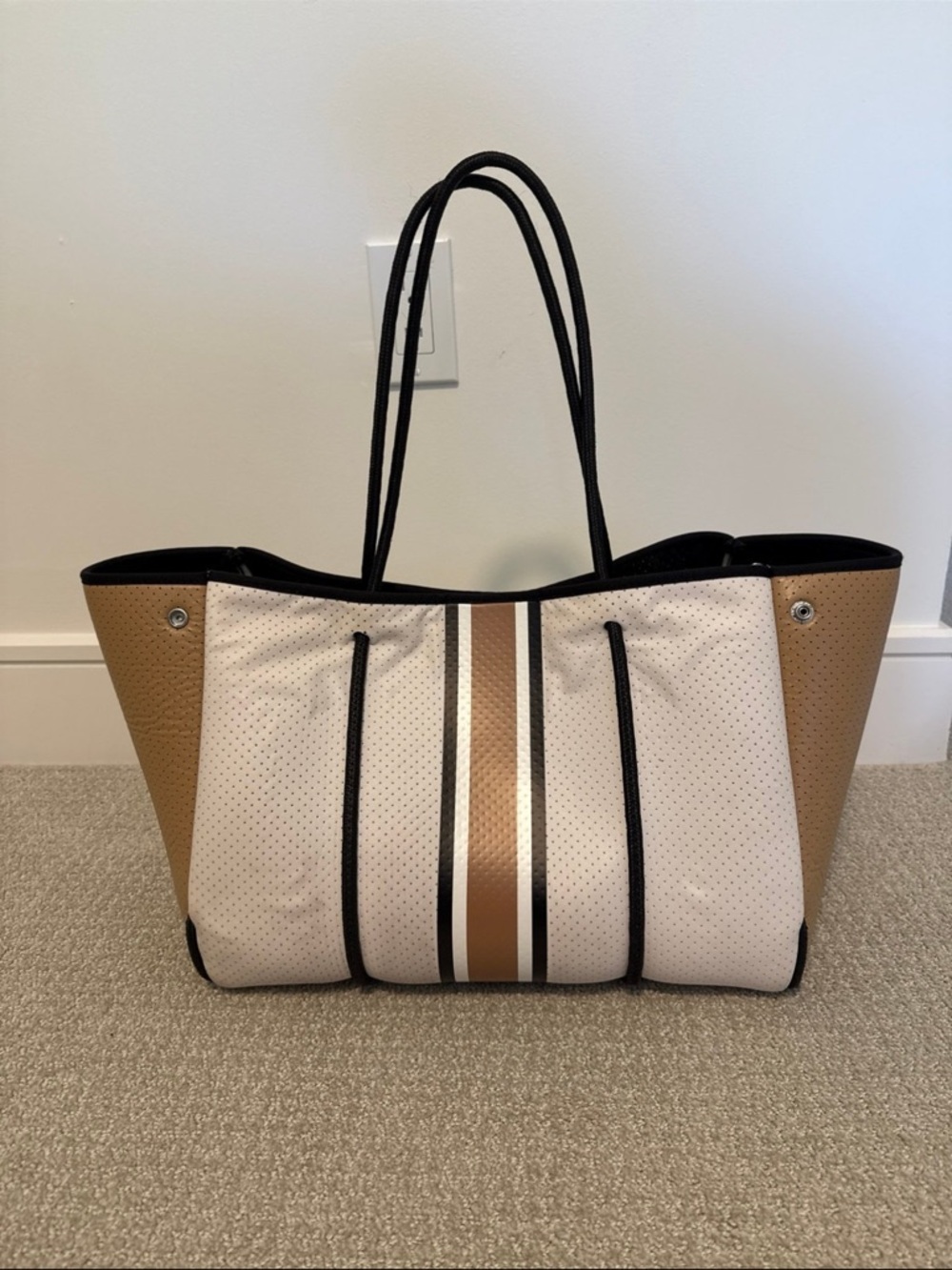 HAUTE SHORE Neoprene Tote in Cream, Tan & Black Stripe